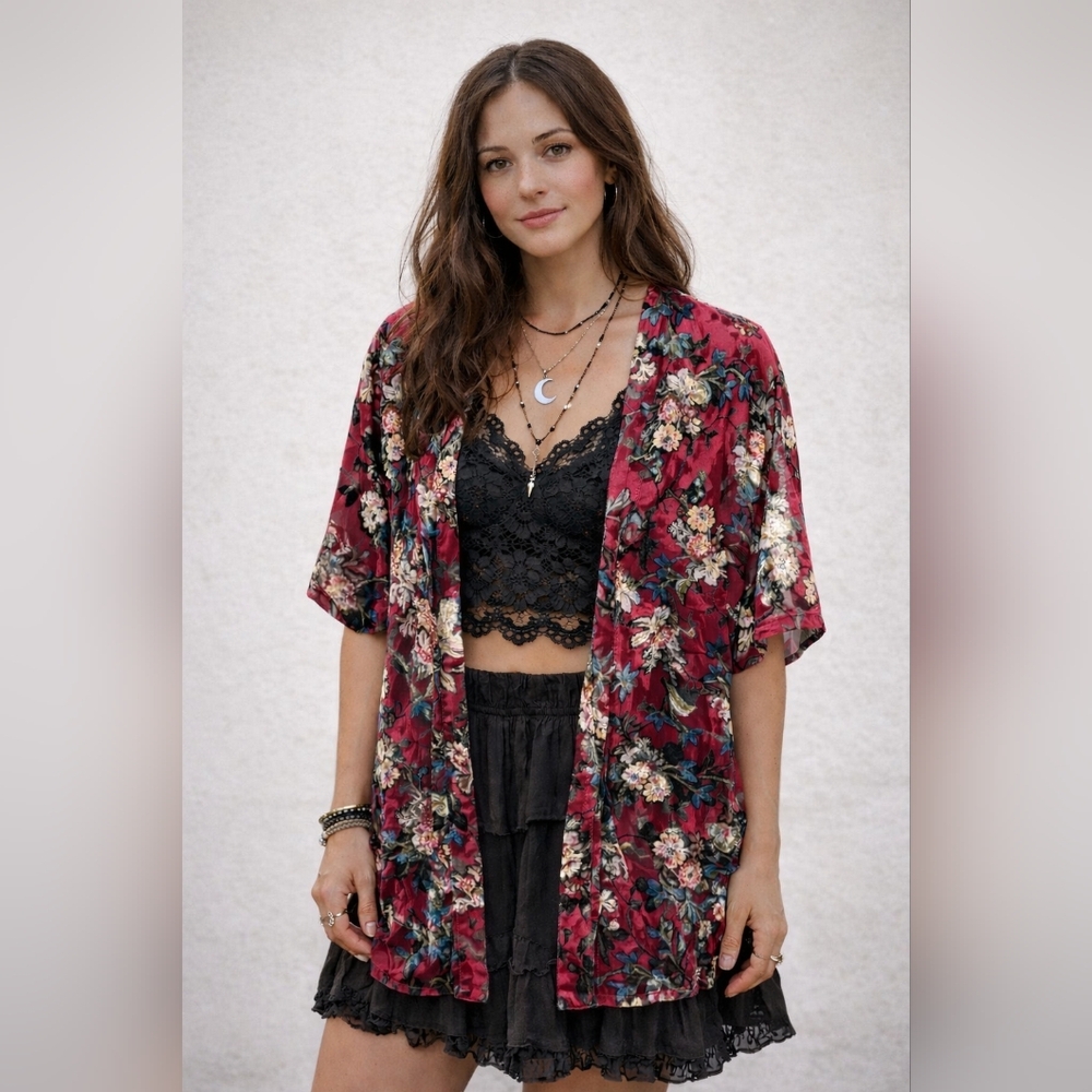 Whimsigoth Boho Floral Velvet Burnout Arizona Duster Cardigan, Small